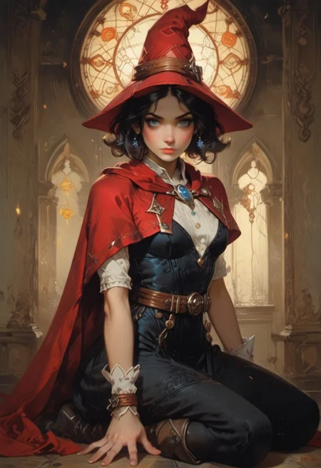 score_9, score_8_up, score_7_up, ((waist-up portrait, kneeling, face focus, eye focus, dynamic angle, motion)), 1girl, fantasy, (ph4nt0m01l), (Tarot Card Style), witchkiri, (sexy witch costume), (witch hat), lace, cape, breathless intimacy, tanned skin, petite model bombshell, heart, young, delicate features, narrow pointy nose, tiny nose, brown hair, medium length hair, bob cut, lust, big eyes, seductive eyes, blue eyes, detailed skin, flared lashes, mascara, makeup, perky medium breasts, athletic body, narrow waist, skinny hips,
warm light, detailed, neon dark party, candles, ((occult))
BREAK
milky way, runes, arcane, astral, surreal, ethereal glow, masterpiece, best quality, intricate design. colorful, moonlit nightsky, stained glass aesthetic, moody whimsical color palette, murano glass, bold soldering lines, volumetric light shining through, crepuscular rays, intricate craftsmanship, detailed texture, luminous transparency, reflective light play, vivid hues, atmospheric depth, enchanting silhouette, art nouveau,