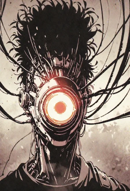 Monochrome with color spots, photo in phst artstyle, mechanical parts, wires, cables, cyberpunk, closeup portrait of saitama (one-punch man) with a half robot face, pastel pink/white colored, closeup photo of an wired-cyborg saitama with half robot face wearing a vibrant yellow tracksuit with technical macro writing resembling an Dragonball on the back, solo, man,, upper body,, male focus, wind, fists, clothes writing, crepuscular rays, volumetric lighting, ultra detailed, deep Blacks, very detailed, atmospheric haze, Film grain, cinematic film still, shallow depth of field, highly detailed, high budget, cinemascope, moody, epic, OverallDetail, 2000s vintage RAW photo, photorealistic, candid camera, color graded cinematic, eye catchlights, atmospheric lighting, imperfections, natural, shallow dof