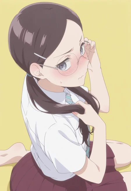 anime screencap, anime coloring, <lora:DX888RikaIL:1> sonezaki rika, grey eyes, black hair, long hair , ponytail, parted bangs, hairclip, BREAK simple background, yellow background,  BREAK  glasses, school uniforme, white shirt, striped necktie, skirt,  BREAK     1girl, closed mouth, embarrassed, hand in own hair, hands in hair, holding, holding own hair, looking at viewer,  nose blush,  sidelocks, sweatdrop, (twintails:1.3), upper body,  from side, from above,  wariza, soles,