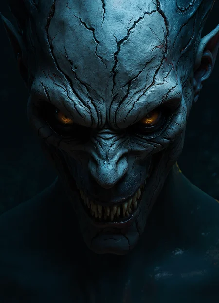 A close-up of a menacing creature's face, rendered in a dark and eerie style. The creature has a pale complexion, deep-set, cracked eyes, and sharp, menacing teeth. The color palette consists of deep blues, blacks, and grays, creating a somber and foreboding atmosphere. A deep blue background contrasts with the creature's pale skin, making it the focal point of the image