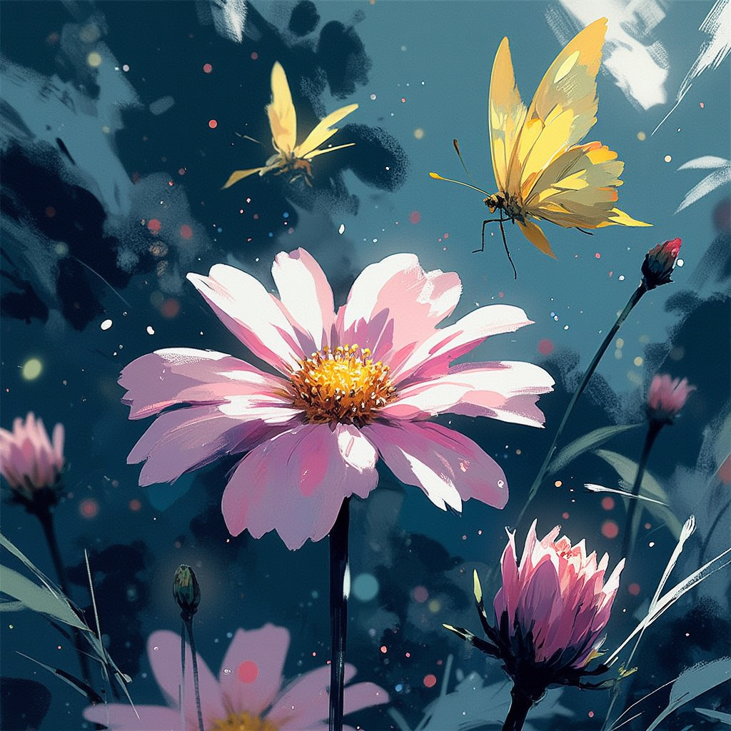 Special Ink-drawing mode, intricate linework with expressive contrasts, butterfly on a flower, soft lighting with dynamic highlights.,2D flat anime,animeniji,Mh1$AgThS2,cartoon-style