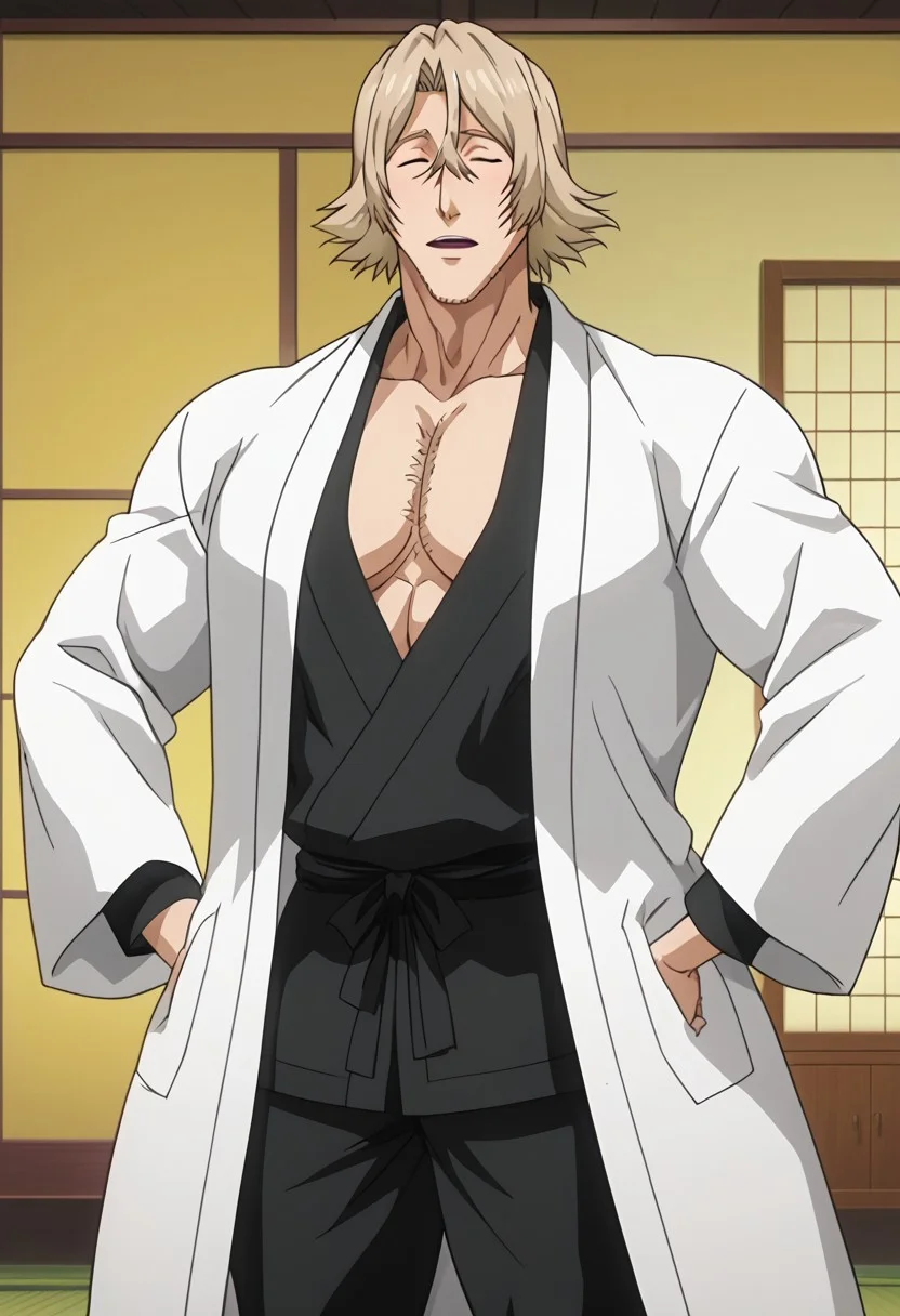 score_9, score_8_up, rating_nsfw, ultra hd, absurdres, best quality, ultra quality, masterpiece, masculine, solo, 1boy, male focus, best anatomy, best eyes, best hands, sexiest man alive, erotic, gay porn, hand with five fingers, mature male, anime screencap
BleachUrahara, blonde hair, stubble, white coat, haori, japanese clothes, anime screencap, chest hair, Japanese temple background, hands on hip, Expressiveh, open eyes, nipples