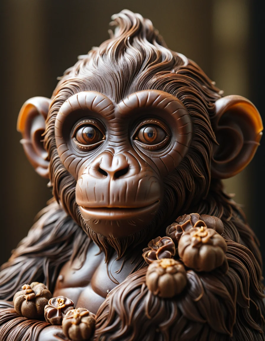 cinematic still 1monkey, made from chocolate, portrait . emotional, harmonious, vignette, 4k epic detailed, shot on kodak, 35mm photo, sharp focus, high budget, cinemascope, moody, epic, gorgeous, film grain, grainy, 1monkey, made from chocolate, portrait, highly detailed, full color, very beautiful, dramatic, intricate, elegant, cinematic, symmetry, sharp focus, fine composition, professional atmosphere, extremely lively,, magical, cute, ambient background, magic, stunning, epic, iconic, artistic, clear, advanced, best, romantic, novel, contemporary, creative, attractive, gorgeous