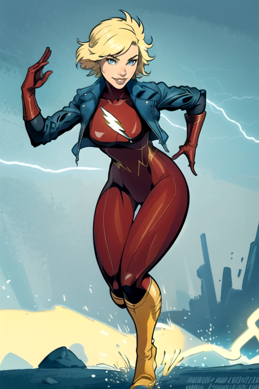 masterpiece,best quality,extreme detail,8k,image sharpness,<lora:flash-20:0.8>,flashwoman,1girl,solo,smile,short hair,blue eyes,blonde hair,jacket,boots,open jacket,lips,bodysuit,watermark,web address,cropped jacket,electricity,animification,superhero,red bodysuit,leather jacket,(curvy),running,