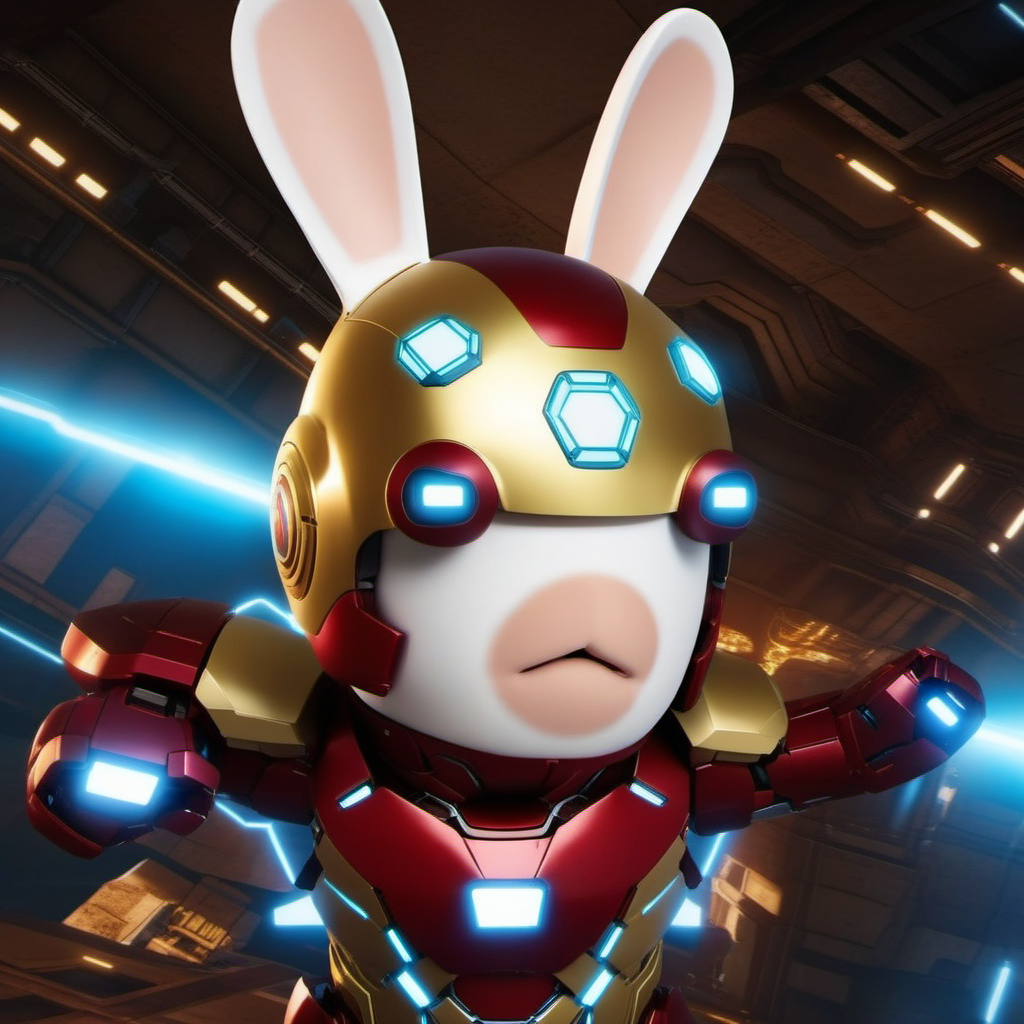 LapinsCrétins1024, a  rabbit as ironman, cyberpunk ,highly detailed, attack on titan, photography, ultra sharp, film, professional, 64k  <lora:LapinsCrétins1024:0.8>