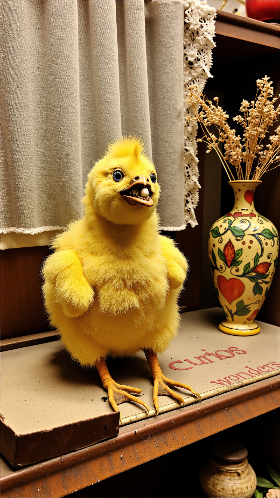 badtxdrmy, bad taxidermy, A photo of a bad taxidermi chick, its yellow downy feathers matted and uneven, with one beak half-closed and the other fully open in a twisted, toothy grin. The chick's glassy eyes are mismatched, with one a bright blue and the other a dull gray. It sits atop a dusty, rusty metal shelf in a dimly lit, cluttered antique shop. The shelf is lined with faded velvet, and behind the chick, a tattered lace curtain hangs crookedly, filtering the faint light that seeps in from a grimy window. To the side of the chick, a faded porcelain vase holds a wilted bouquet of dried flowers, and on the floor below, a tattered welcome mat reads 'curios and wonders'.<lora:BadTaxidermiFlux:1>