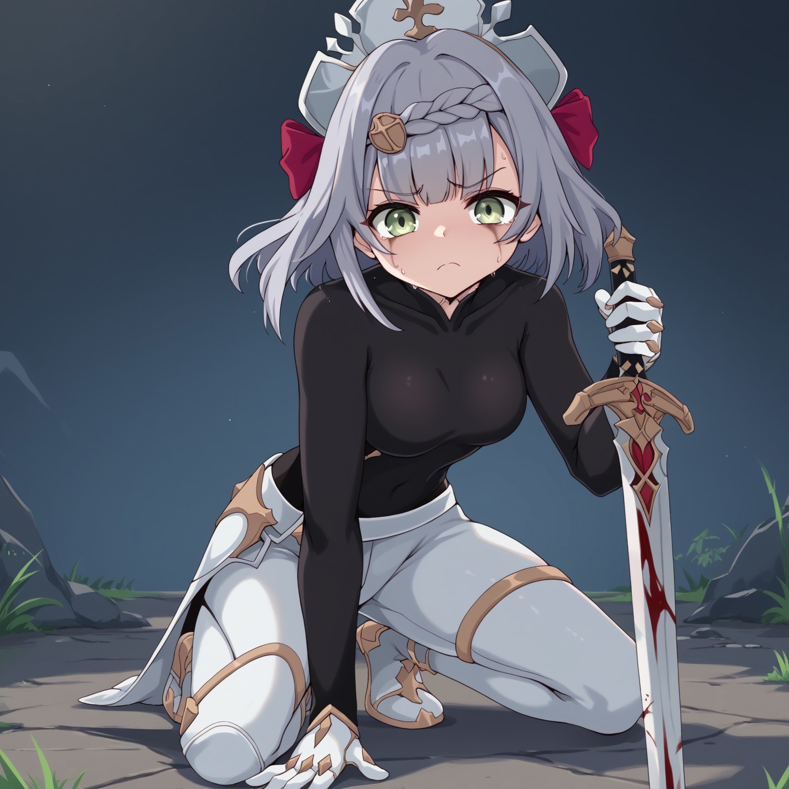 score_9, 1girl, noelle_(genshin_impact), solo, white pants, white gloves, determined, serious face, black and white outfit, black shirt, shirt tucked in, dynamic pose, green eyes, black hair ribbon, sweat, sword, holding sword, head injury, bleeding, on one knee, sword in ground,