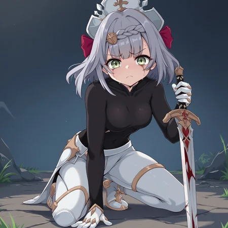 score_9, 1girl, noelle_(genshin_impact), solo, white pants, white gloves, determined, serious face, black and white outfit, black shirt, shirt tucked in, dynamic pose, green eyes, black hair ribbon, sweat, sword, holding sword, head injury, bleeding, on one knee, sword in ground,