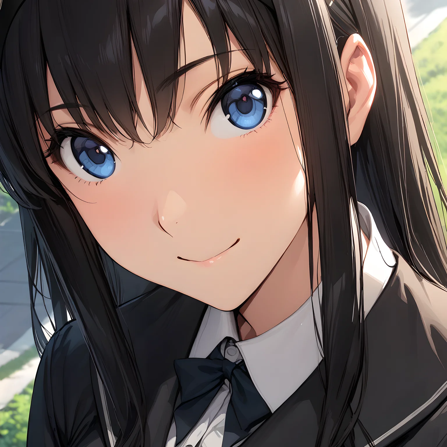 (masterpiece),(best quality),(ultra-detailed),(best illustration),(best shadow),(absurdres),(detailed background),(very aesthetic), haruka_morishima, 1girl, solo, kibito high school uniform, school uniform, hairband, long hair, blue eyes, black hair, long sleeves, smile, black jacket, jacket, very close-up, portrait, <lora:Haruka_Morishima:1>