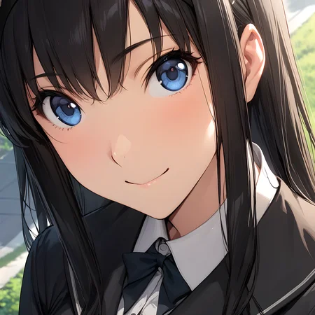 (masterpiece),(best quality),(ultra-detailed),(best illustration),(best shadow),(absurdres),(detailed background),(very aesthetic), haruka_morishima, 1girl, solo, kibito high school uniform, school uniform, hairband, long hair, blue eyes, black hair, long sleeves, smile, black jacket, jacket, very close-up, portrait, <lora:Haruka_Morishima:1>