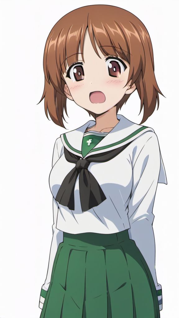 ASCIIscore_9, score_8_up, score_7_up,best quality, masterpiece,hi res, digital media (artwork), anime coloring, white background, nishizumi miho, girls und panzer, brown eyes, brown hair, short hair, ,  breasts, neckerchief, school uniform, serafuku, shirt, skirt, black neckerchief, green skirt, long sleeves, miniskirt, ooarai school uniform,  1girl, blush, open mouth,blouse, uniform,18yo, teenage, <lora:lora_XL_NishizumiMiho_v2_pagedAdamW8bit_d32a16:1>