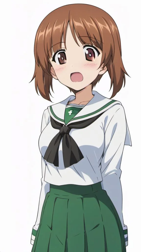 ASCIIscore_9, score_8_up, score_7_up,best quality, masterpiece,hi res, digital media (artwork), anime coloring, white background, nishizumi miho, girls und panzer, brown eyes, brown hair, short hair, , breasts, neckerchief, school uniform, serafuku, shirt, skirt, black neckerchief, green skirt, long sleeves, miniskirt, ooarai school uniform, 1girl, blush, open mouth,blouse, uniform,18yo, teenage, <lora:lora_XL_NishizumiMiho_v2_pagedAdamW8bit_d32a16:1>