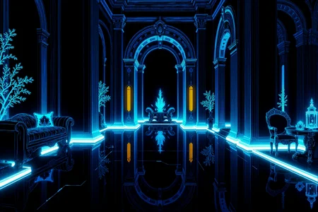 <lora:DGLO_style_v.6:0.85>
This stunning illustration depicts a luxurious, futuristic interior space rendered in an elegant neon-like glowing line art style. The space is defined by intricate architectural details and furniture, outlined in bright electric-white and faint blue luminescent lines, creating an ethereal and otherworldly atmosphere. The contrast between the radiant glowing lines and the solid black background enhances the depth and sophistication of the room, evoking a sense of high-end modern design infused with surreal energy. The polished, mirror-like black marble floor adds a powerful reflective quality, doubling the glowing lines and forming perfect, slightly rippled reflections that amplify the roomâs luminous energy. Key features, such as tall door frames, arched windows, and elegant furniture pieces, are accentuated by glowing contours, their shapes radiating soft halos of light that diffuse gently into the darkness. Subtle accents of warm golden hues run along the edges of the floor and ceiling, creating a dynamic interplay between cool white tones and soft warmth. The faint glow of **decorative light fixtures**, outlined with intricate linework, adds an elegant touch, casting delicate reflections and enhancing the surreal neon ambiance. The overall composition combines architectural precision and atmospheric illumination, transforming this luxurious space into a glowing, dreamlike environment reminiscent of a futuristic penthouse or ethereal lounge. Rendered with meticulous attention to detail and a focus on contrast, light diffusion, and reflective surfaces, this image evokes a perfect balance of modern sophistication and luminous wonder, blending dark elegance with a radiant neon aesthetic.