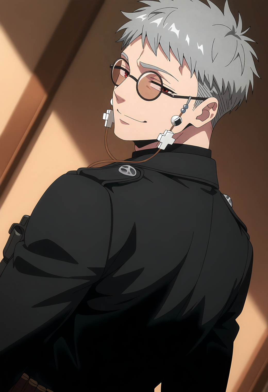 <lora:Fujimoto_Shiro_Blue_Exorcist__Ao_No_Exorcist__éã®ç¥é­å¸«_v2_NAI:1>,
anime screenshot,
fsh1r0,grey hair,red eyes,1boy,male focus,solo,round eyewear,glasses,fsh1r0_eyewear_strap,fsh1r0_outfit,(muscular male:0.6), from behind,looking back,smile,bloom,high contrast,visual effects,upper body,dutch angle,depth of field, masterpiece,best quality,amazing quality,absurdres,highres
