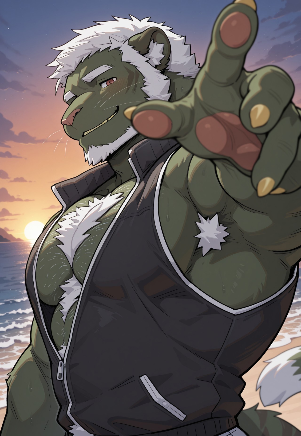 furry, solo, muscular male, 
, close up, reaching,upper body, sunset, (sleeveless jacket), looking at viewer, close up, beach, side view, nice eyes, eyes, muscular,grin, 


 reaching hands, (5 fingers:1.5), pawpads, (blush:0.7), inviting, invite, (tail), nice hands, pale yellow nails, ((pale yellow teeth)),


,wediz \(sollyz\), felid, mammal, pantherine, body hair, armpit hair, chest hair, facial hair, green body, whiskers, Brown and red eyes, white hair, hair, 

 , (detailed eyes:0.8, nice eyes:0.8), (teeth:0.9, nice teeth:0.9), (nice nails:0.8), tiger nose, nice nose, detailed nose, nice fingers 



, 2024, 2023, 50lly2, masterpiece,best quality,amazing quality,