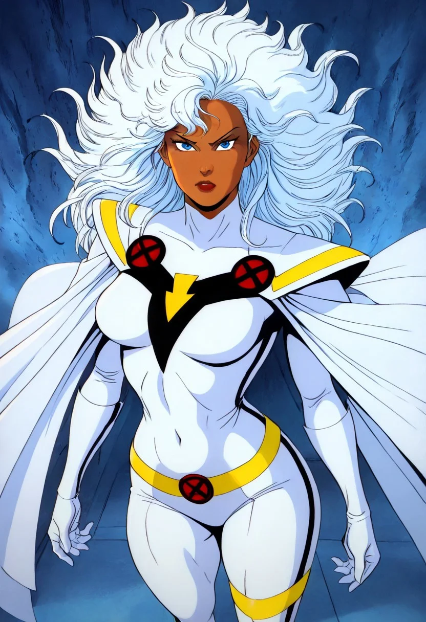masterpiece, best quality, newest, absurdres, highres,
X-1990STV1.0,
1girl, storm_(x-men), dark skinned female, white bodysuit, white hair, long hair, blue eyes, cape, white cape,