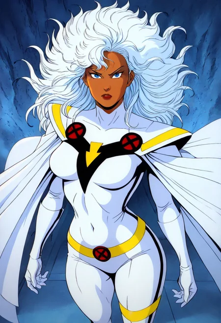 masterpiece, best quality, newest, absurdres, highres,
X-1990STV1.0,
1girl, storm_(x-men), dark skinned female, white bodysuit, white hair, long hair, blue eyes, cape, white cape,