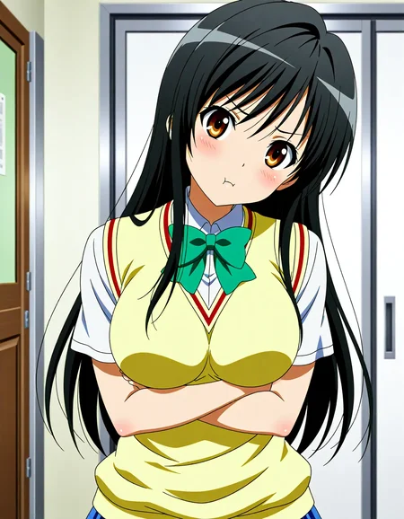 <lora:dmd2_sdxl_4step:1>,1girl,official style,masterpiece,best quality,newest,very aesthetic,highly detailed,high resolution,absurdres,highres,depth of field,super detailed skin,very awa,Anime,anime coloring,anime screencap,kotegawa yui,school_uniform,yellow vest,skirt,<lora:kotegawa_yui_V2.2:1>,blush,(head_tilt:1.3),pout,crossed_arms,