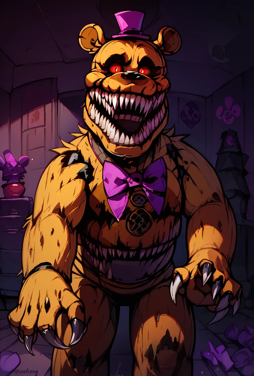 score_9, score_8_up, score_7_up,, good quality ,, character focus, solo, , best quality , detailed background, <lora:fredmare-10:1> fredmare, purple top hat, , teeth, no humans, purple bowtie, sharp teeth, claws, red eyes, bear, mini hat, , simple , dark room, dark scene, <lora:Mike_Mignola-guy90-Pony-Lycorisv1:1> alomik