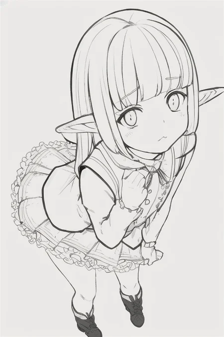 (realistic:0.2), anime illustration of (Mare Bello Fiore:1.1), full body, detailed, (realistic:0.2), 
short skirt, cute face, clear eyes, elf ears,  white background
simple background, cute girl, young girl, sunny day, with shadows, clouds (masterpiece),
<lora:auraAndMareBellaFiora_v10:0.7>,
<lora:animeLineartStyle_v20Offset:0.4> monochrome, lineart,