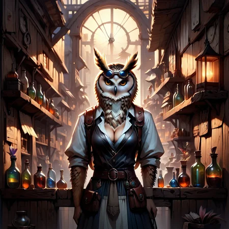 score_9, score_8_up, score_7_up, Owlfolk, feminine owl alchemist, building a clock work robot, in a curio shop, long copper colored feather, tinker-alchemist preparing potions and gadgets, goggles on head, (Alchemy and Tinker shop, blueprints on walls, tools, potions, bottles, workbench, wooden walls, wood furniture, schematics on wall, blueprints on wall, Interior:1.1)
(Cleavage:1.2), skirt, leather belt, Brown Backpack, too many pouches,