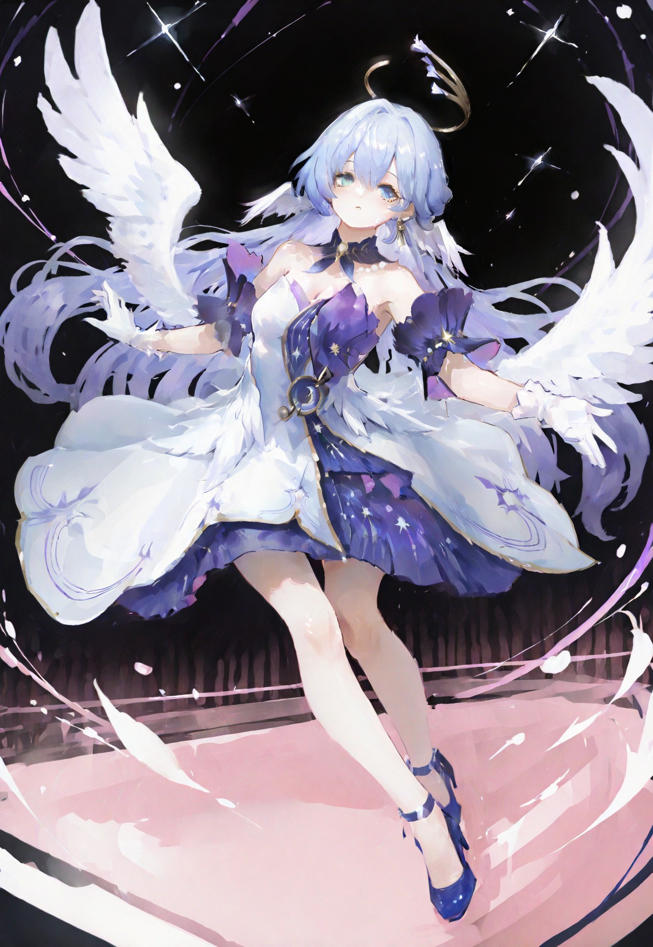 volumetric lighting, ambient occlusion, luminescent background, masterpiece, very awa, simple background,dynamic pose, cinematic shot, idol, stars
BREAK
robin \(honkai: star rail\),sleeveless dress, halo, white gloves, earrings, detached sleeves, detached collar, head wings, blue pumps, angel, angel wings
