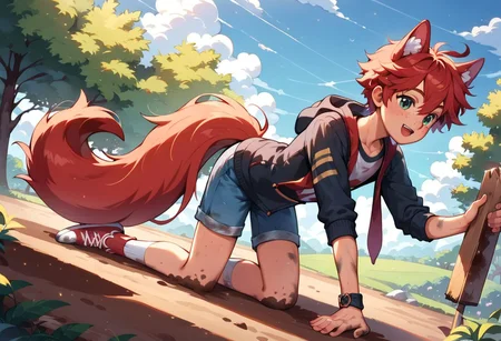 score_9,score_8_up,score_7_up, 1boy, anthro canine humanoid hybrid with red fur, freckles, petite, twink, dog ears, red tail, red hair, fluffy, cute, adorable, petite, clothed, kids, making a mess, dirty, playing in dirt, anatomically correct, masterpiece, negative_hand, source_anthro, rating_safe