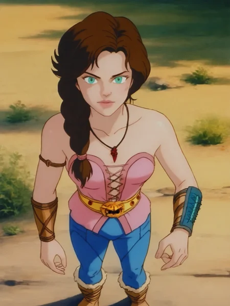 score_9, score_8_up, score_7_up,1girl, solo, jezmineconanadv, turquoise eyes, brunette hair, long hair, braid, <lora:100_jezmine_pdxl:1>, pink jez bustier, deep cleavage, armband, necklace, looking at viewer, medium breasts, bare shoulders, blue stitched pants, gold belt, bracers, vambrace, outdoors, standing, fur trimmed boots, view from above