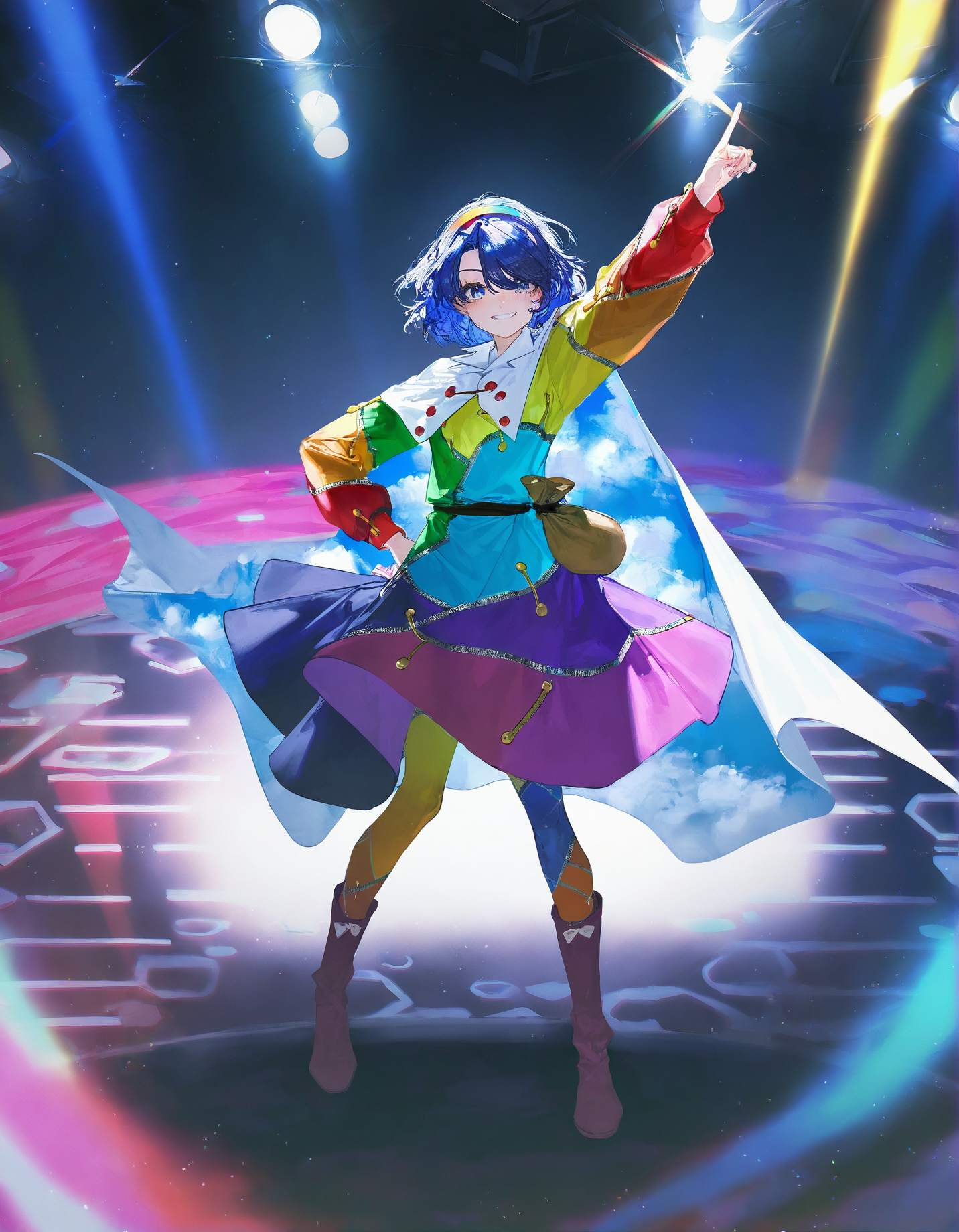 tenkyuu_chimata, 1girl ,rella, quasarcake:0.7, rolua, optical illusion, negative space, saturday_night_fever,blue_hair, breasts, cape, hairband , looking_at_viewer ,multicolored_hairband, pantyhose, purple_eyes ,short_hair ,smile, solo, sweat ,white_cape, disc,  disco,CDs, arm_up , hand_on_own_hip, index_finger_raised, outstretched_arm , dance_floor, dancing,wide shot, one hand point to sky one hand point to the ground,
<lora:illustrious_noobai_epsilon_pred_1_best_quality_v1:0.7> ,<lora:illustrious_noobai_epsilon_pred_1_masterpieces_v1:0.7>, <lora:ponyv4_noob1_2_adamW:0.5>, <lora:add_details_xl:0.7>, <lora:CDs_SDXL:1>,
masterpiece, best quality, amazing quality, very aesthetic, absurdres, newest,