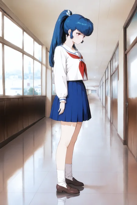 <lora:Oyuki_(1981):0.8> oyuki, long hair, blue hair, high ponytail, bangs, hair ornament, red eyes, retro artstyle, 1980s (style), 
expressionless, <lora:Sway_Back:1> sw4y_b4ck, full body, looking at nothing, (1girl:2, solo:2), 
masterpiece, best quality, very aesthetic, absurdres, amazing quality masterpiece, hyper-detailed, (8k uhd::1.4), intense atmosphere, detailed clothing, dramatic lighting, (perfect hands), detailed face, 
 <lora:JCF_illustrious_V1.0:1> jcf, school uniform, shirt, skirt, socks, shoes, <lora:gakkou_rouka_PONY_V2:1> rouka, hallway, window, scenery, school, reflective floor, indoors, door, reflection, building, tiles, tile floor, sunlight, day, ceiling light