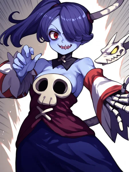 score_9, score_8_up, score_7_up, score_6_up, score_5_up, score_4_up, rating_explicit, 
BREAK
squigly, 1girl, solo, long hair, breasts, smile, skirt, bare shoulders, medium breasts, detached sleeves, striped, side ponytail, detached collar, skull, blue skin, stitches, zombie, striped sleeves, stitched mouth, dynamic pose, fighting stance, 
