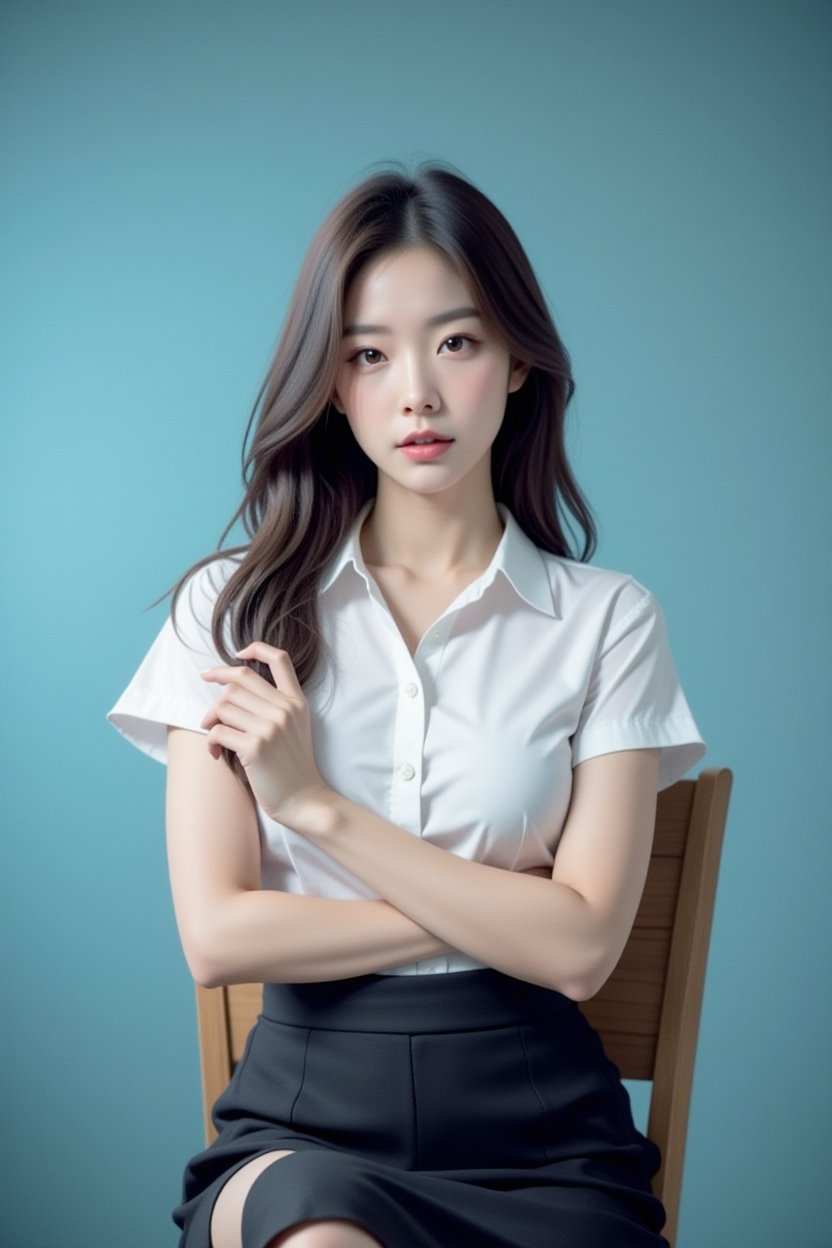 [4][24_94]<lora:SofiaFluxV1:1>, Realistic photograph, masterpiece, Against a soft, true gradient blue background, a stunning real large breasts Japanese woman with long, flowing dark hair, her piercing gaze directly addressing the viewer. skirt, looking at viewer, indoors, realistic, shirt, short sleeves, brown eyes, pencil skirt, lips, white shirt, black skirt, chair, collared shirt, artist name