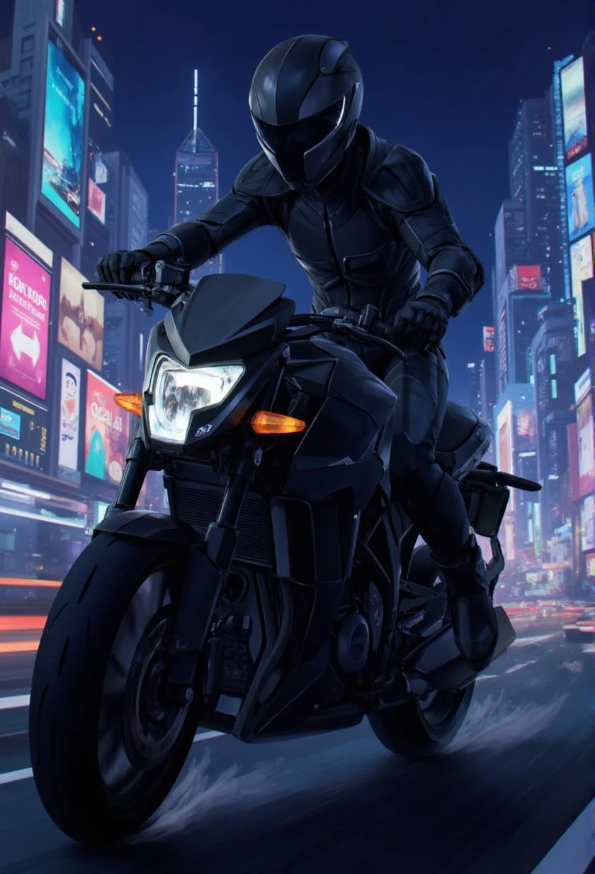 <lora:ck-LttleGhost-000011.safetensors:1> in the style of ck-lttlegh0stA black armored motorcycle rider speeds through a neon-lit cityscape at night, surrounded by towering skyscrapers and holographic advertisements. Dark armor blends seamlessly into the urban landscape as they ride sleek, aerodynamic motorcycle with glossy accents and prominent headlight. The setting is a bustling metropolis where technology and machinery hum in the air. Rider wears matte black armor-plated onesie, angular helmet with tinted visor, and retractable faceplate gloves with sharp claws.