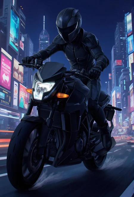 <lora:ck-LttleGhost-000011.safetensors:1> in the style of ck-lttlegh0stA black armored motorcycle rider speeds through a neon-lit cityscape at night, surrounded by towering skyscrapers and holographic advertisements. Dark armor blends seamlessly into the urban landscape as they ride sleek, aerodynamic motorcycle with glossy accents and prominent headlight. The setting is a bustling metropolis where technology and machinery hum in the air. Rider wears matte black armor-plated onesie, angular helmet with tinted visor, and retractable faceplate gloves with sharp claws.