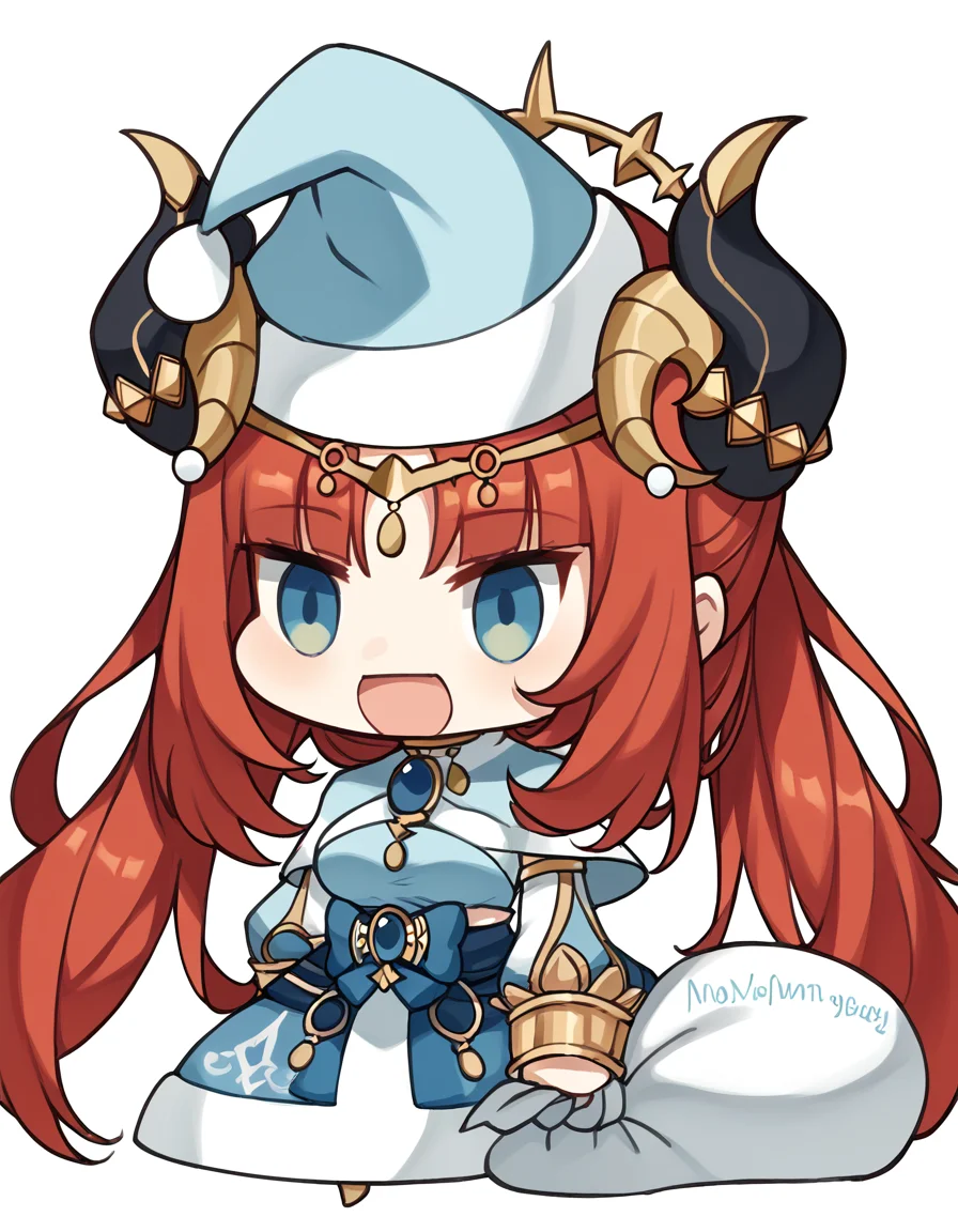 score_9, score_8_up, score_7_up, source_anime, <lora:genshin-nilou-ponyxl-lora-nochekaiser:1> nilou, red hair, twintails, blue eyes, long hair, medium breasts, <lora:padoru-ponyxl-lora-nochekaiser:1>, padoru, padoru (meme), holding sack, sack, santa hat, meme, christmas, open mouth, chibi, red capelet, santa dress, capelet, fur-trimmed headwear,, ,