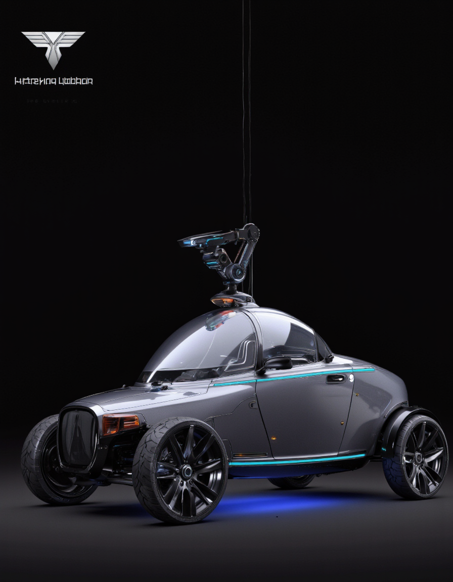Art by Andrian Luchian. A futuristic, sleek car with a futuristic design, featuring a sleek, metallic body with a blue stripe running along the side. The car has a large, angular wheel in the front and a small, robotic arm mounted on top, giving it a futuristic and advanced look. the car is positioned in the center of the image, with a black background that highlights the sleek design of the car, and the company's logo is prominently displayed on the top left corner. the overall aesthetic is minimalistic and modern, showcasing the car's sleek and futuristic design.