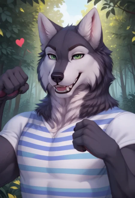 score_9, score_8_up, score_7_up, score_6_up, 1anthro, 1human, male, , furry, detailed fur, anthro, eyes, , perfect face, detailed eyes, perfect eyes, sexy, sexy boy, beautiful eyes, perfect cute face, petite body, face focus, low angle, body shot, full body, looking at viewer, outdoors, detailed lighting, detailed background, upper body, male focus, eyes focus, face focus,
smug expression, floating hearts, eye focus, smug, pleased, mischievous, smirk, seductive pose, , flirty, flirting with viewer, forest, woods, wilderness, nature, mountain, detailed teeth, flexing muscles for viewer, flexing,
bedroom eyes, detailed eyes, perfect eyes, beautiful eyes, , detailed fur, tail, green eyes, realistic fur, , solo, 1 boy, young, (((handsome, detailed face and eyes))), dog, anthro dog , solo, detailed fluffy fur , realistic green eyes, neck fluff, green eyes, extremely detailed eyes, muscular, toned , anthro dog , sexy, fluffy tail, eyes focus, anthro husky, anthro hands, claws, detailed anthro hands, detailed fluffy fur, Shoichi, Shoichi_Urata, furry male, furry, muscular, animal ears, wolf ears, striped t-shirt, brown shorts, short sleeves, striped top, casual clothing, green and blue stripes, <lora:Shoichi_-_Tennis_Ace:0.56>
tail, uncensored, canine mouth, sharp teeth, detailed teeth, detailed canine teeth,
<lora:CleanDetailed_Eyes:0.25> <lora:Better_caninefeline_mouth:0.2>
<lora:princess_xl_v1:1> <lora:Expressive_H:0.65> <lora:g0th1cPXL:0.45> <lora:incase-ilff-v3-4:0.3>