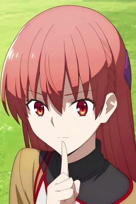 zPDXL, score_9, score_8_up, score_7_up, source_anime, anime screencap, rating_safe, intricate details, , depth of field, 1girl, <lora:tsukasa_yuzaki_pony:0.70>, tsukasa_yuzaki, red hair, red eyes, long hair, hair between eyes, bangs, solo, close-up, grass, tree, day, sunny, index finger raised, squinting, <lora:fate_go_style_pony:0.86>, fate_go_style, , <lora:sdxl_lightning_8step_lora:1>