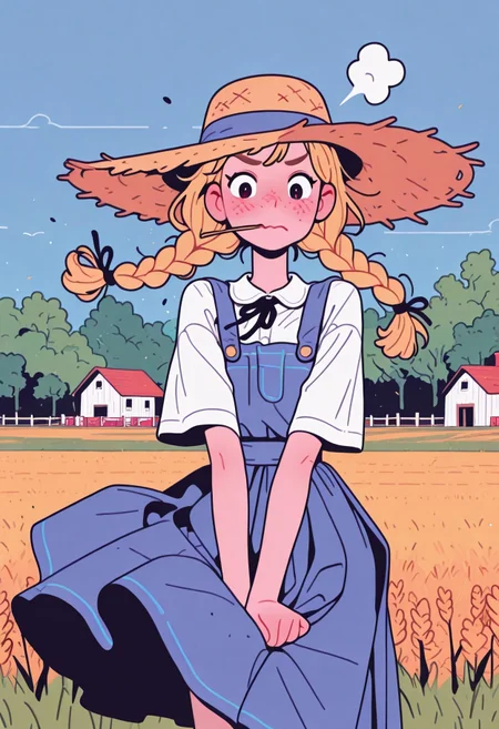 flat_colors, Flatline, Flat vector illustration,
dynamic pose,

1girl, solo,
farm girl, straw hat, straw in mouth,
freckles,
blonde hair, braids, twintail braids,
wind blowing skirt up,
blushing, embarrassed,
hands on skirt, fix skirt,

grain fields,
outside, field, trees,
farm,
incoth, (incase:0.6), artist:moriimee,