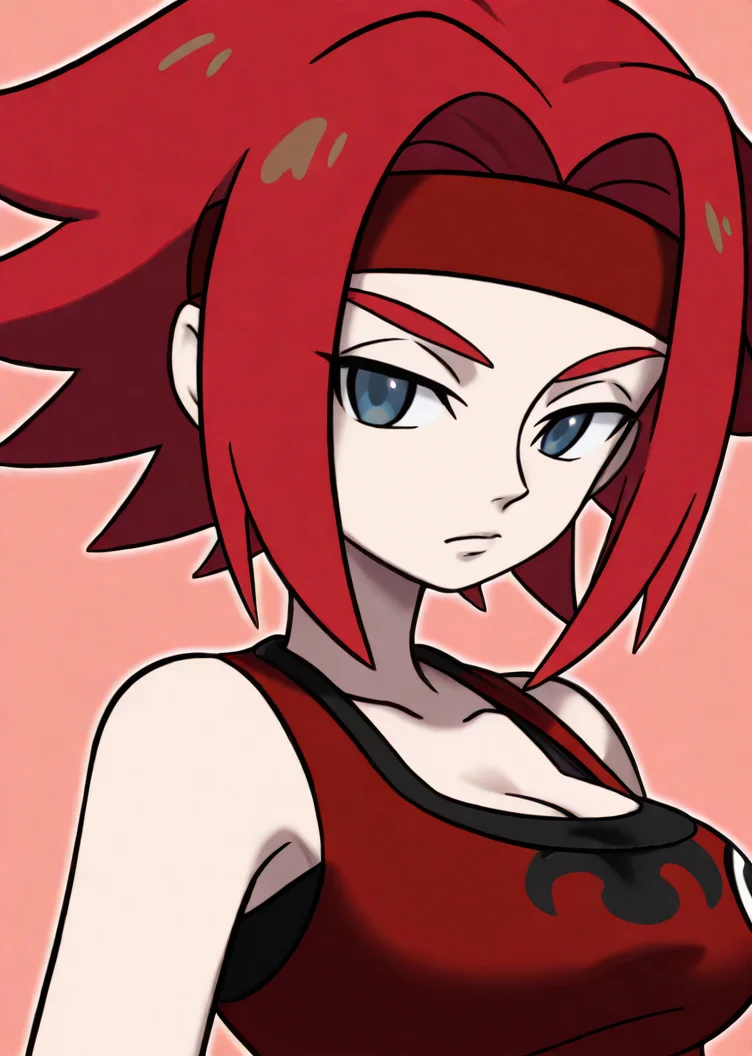 <lora:Illustrious_take_Character_Design_style__竹_Gundam_GQuuuuuX_Pokemon:2>, take_style, portrait, <lora:cgkallen-illu-nvwls-v1:0.7> kzkk, red hair, 1girl, solo, blue eyes, spiked hair, red headband, breasts