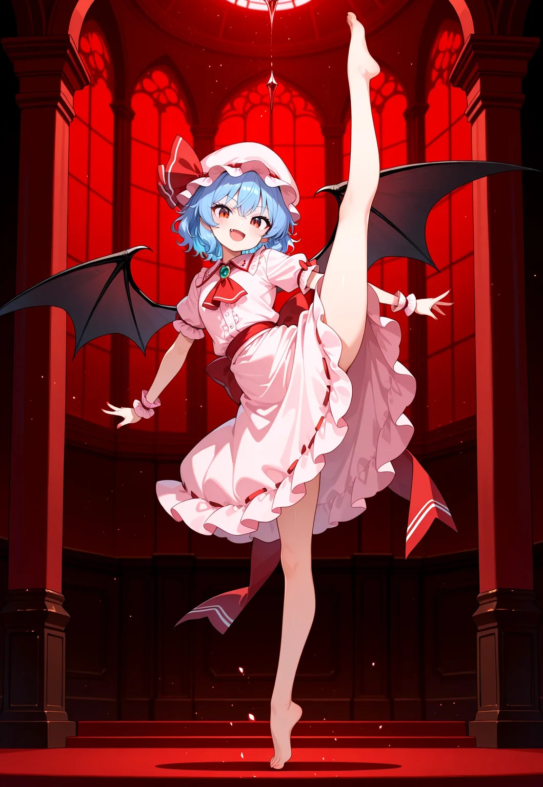 (masterpiece, very awa, best quality:1.2), absurdres, newest, highres,  aesthetic, high quality,

1girl, solo, looking at viewer,

(detailed background, scarlet devil mansion), light particles,

smile, open mouth, fang, wings, open hands,

(touhou, Remilia scarlet, pink skirt),
standing split, tiptoes, vertical split, (barefoot), standing on one tiptoe, balancing,