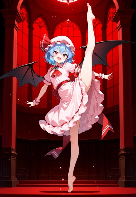 (masterpiece, very awa, best quality:1.2), absurdres, newest, highres, aesthetic, high quality,
1girl, solo, looking at viewer,
(detailed background, scarlet devil mansion), light particles,
smile, open mouth, fang, wings, open hands,
(touhou, Remilia scarlet, pink skirt),
standing split, tiptoes, vertical split, (barefoot), standing on one tiptoe, balancing,