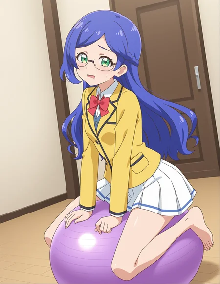 safe,best quality,very aesthetic,absurdres,newest,masterpiece,1girl,solo,highres,anime coloring,disbelief,exercise ball, bouncing breasts, straddling, looking at viewer, full body, dutch angle,,from behind, ,embarrassed ,open eyes ,<lora:il-prichan-rinka1.0:1>,aoba rinka,glasses,semi-rimless eyewear,kiratto pri chan,blue hair,long hair,asymmetrical bangs,green eyes,small breasts,yellow jacket,collared shirt,bowtie,red bow,pleated skirt,white skirt,anime screenshot,