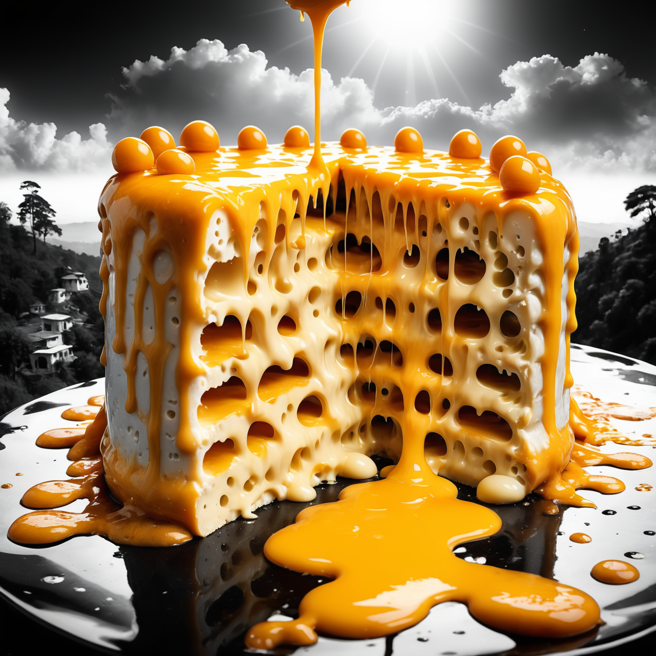 Jed-Drpgcese, masterpiece, full of details <lora:DrippingCheeseStyle-000006:0.8>, landscape of a Divine Ranikhet, at Midday, Sci-Fi, spotlight, pov, Monochrome, science fiction, robotic, gorgeous, professional fine composition, enhanced quality, highly decorated, dynamic dramatic atmosphere, extremely rich detail, highly detail