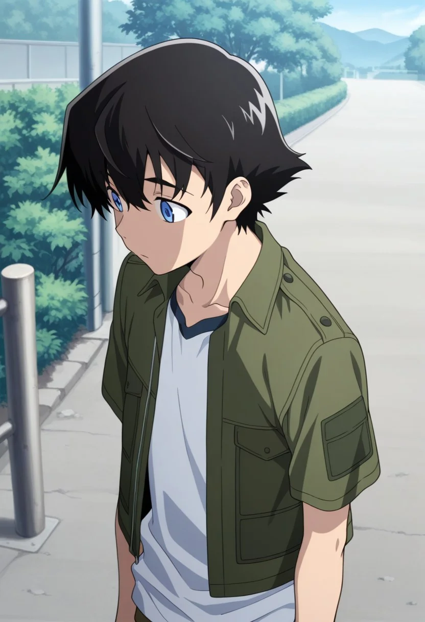masterpiece,best quality,amazing quality, source_anime,
YukiteruAmano, 1boy, male focus, solo, blue eyes, black hair, shirt, white shirt, collarbone, jacket, green jacket, short sleeves, outdoor,