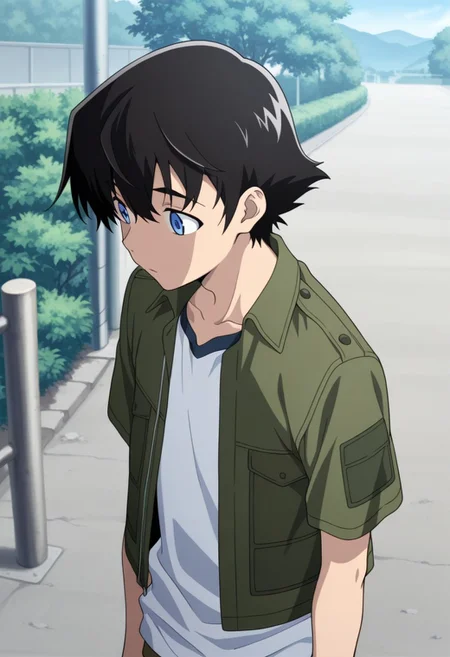 masterpiece,best quality,amazing quality, source_anime,
YukiteruAmano, 1boy, male focus, solo, blue eyes, black hair, shirt, white shirt, collarbone, jacket, green jacket, short sleeves, outdoor,