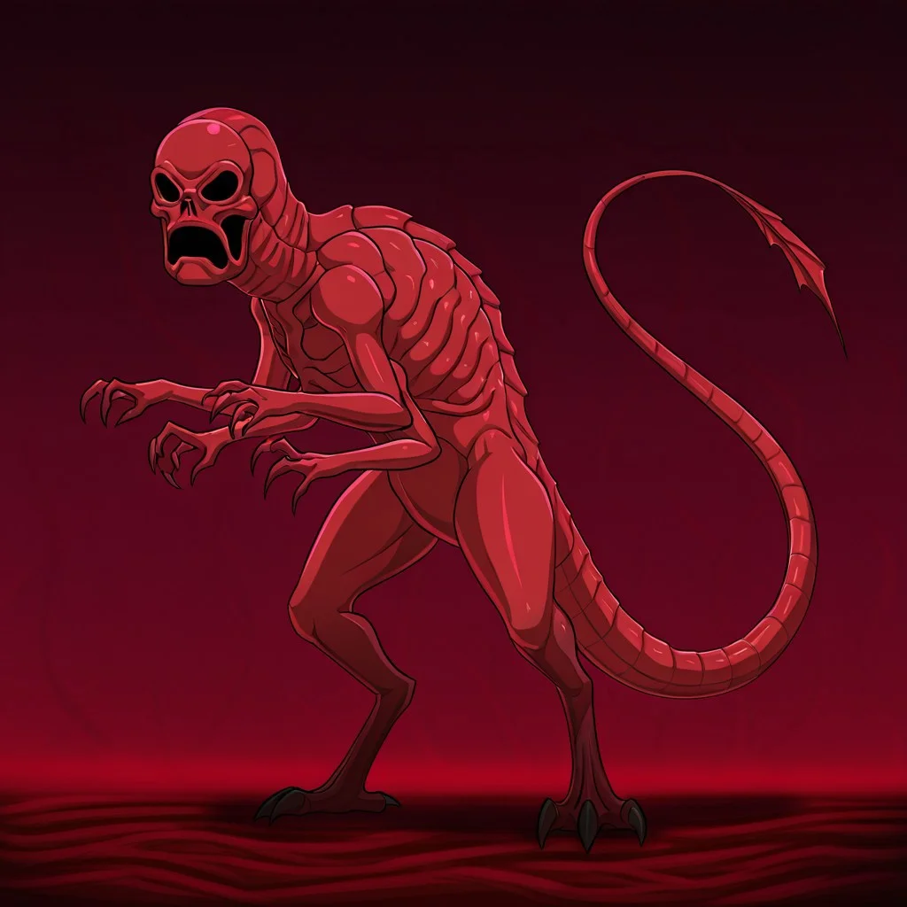 masterpiece, high quality, absurdres,
CreepyRed, tail, creepyred4, standing, 1boy, claws, ribs, skeleton, alien, full body, two extra arms, 3-clawed hands, bird talon, red skin, solo, hollow eyes, monster, no humans, no humans,
