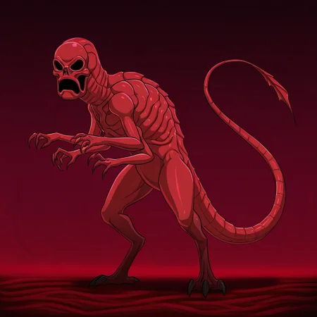 masterpiece, high quality, absurdres, 
CreepyRed, tail, creepyred4, standing, 1boy, claws, ribs, skeleton, alien, full body, two extra arms, 3-clawed hands, bird talon, red skin, solo, hollow eyes, monster, no humans, no humans,