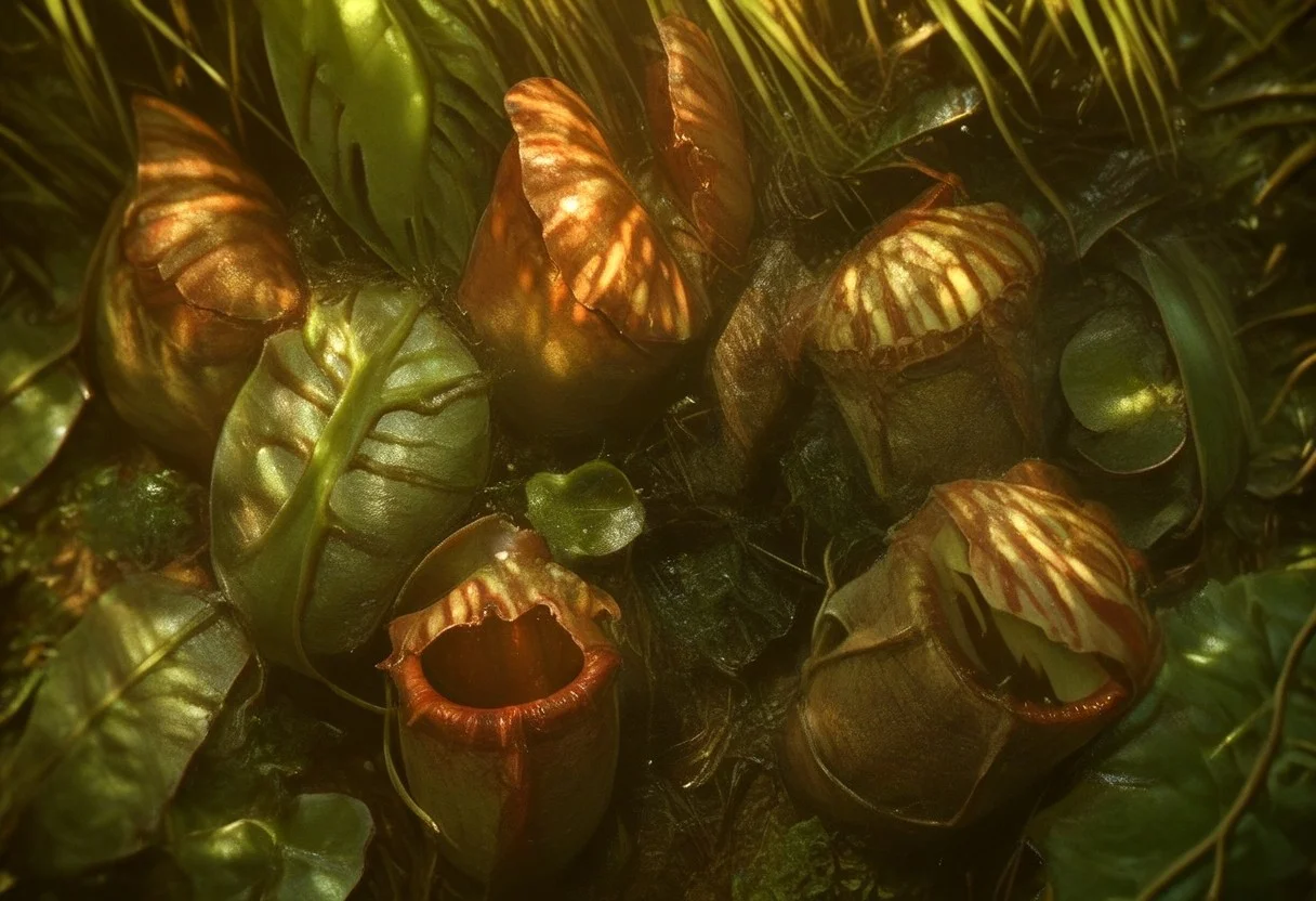 score_9, score_8_up, score_7_up, score_6_up, score_5_up, score_4_up, source_anime, morimee_style, volumetric lighting, pitcher carnivorous plant, jungle background,