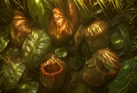 score_9, score_8_up, score_7_up, score_6_up, score_5_up, score_4_up, source_anime, morimee_style, volumetric lighting, pitcher carnivorous plant, jungle background,